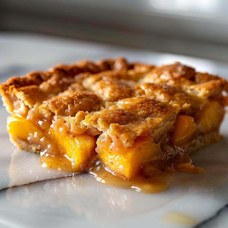 Close-up of a golden-brown southern peach cobbler with a flaky crust on a white marble surface.