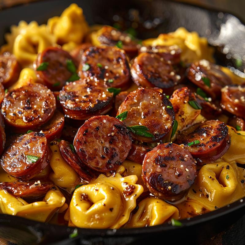 Close-up of crockpot cheese tortellini and sausage served on a rustic cast iron surface.