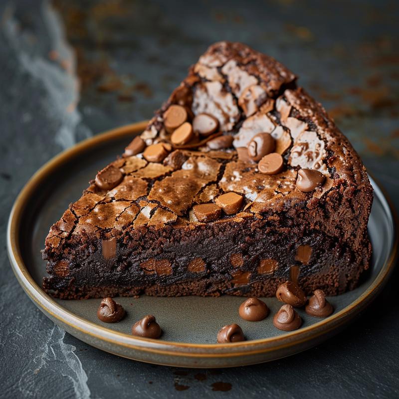 A close-up of a perfectly sliced chocolate brownie cake on a rustic plate against a dark stone background.
