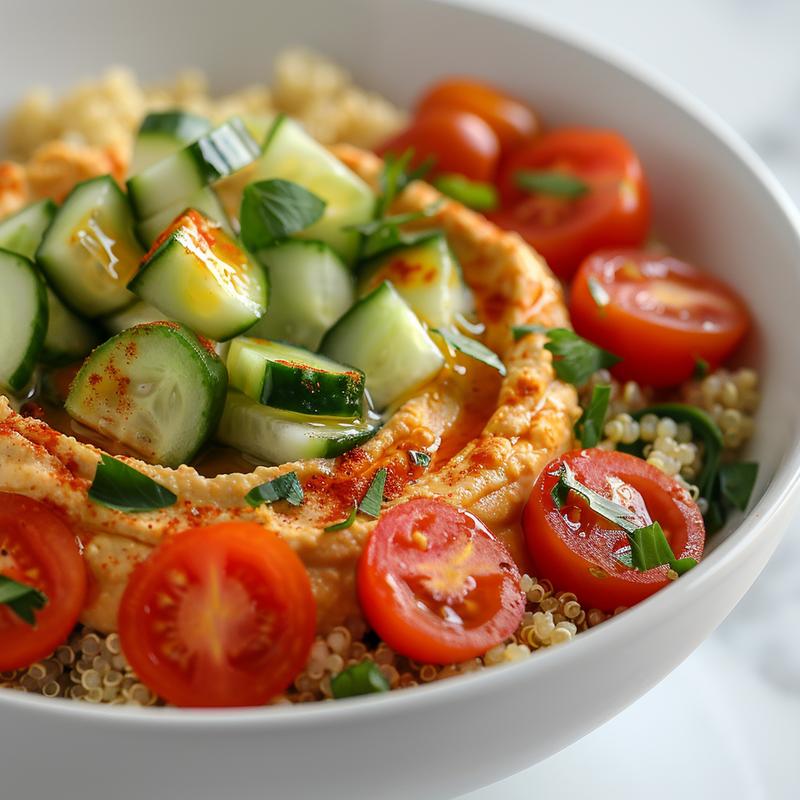 Close-up of a vibrant hummus bowl with visible grains, diced vegetables on a white marble surface.