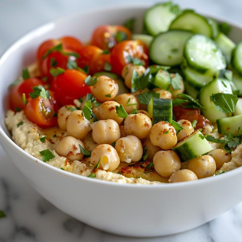 Close-up of a hummus bowl with chickpeas, tomatoes, cucumbers, and parsley.