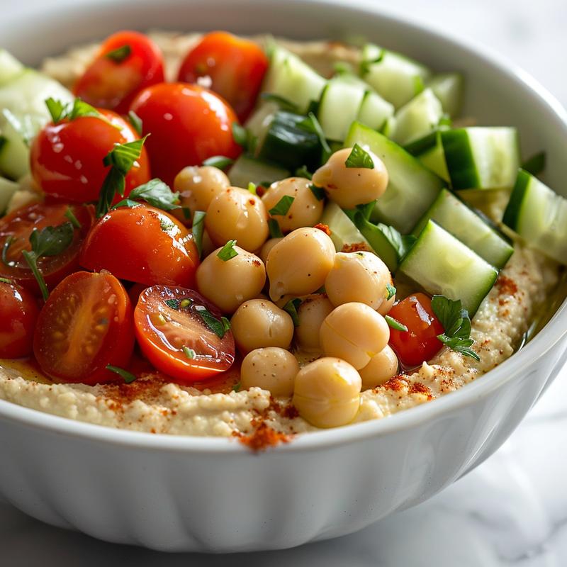 Close-up of a Mediterranean hummus bowl with chickpeas, tomatoes, cucumber, and parsley on a white marble surface.
