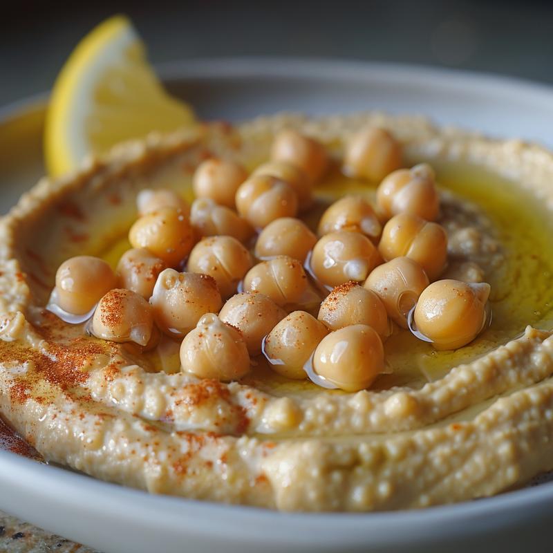 Close-up of vibrant, textured hummus on a light grey plate.