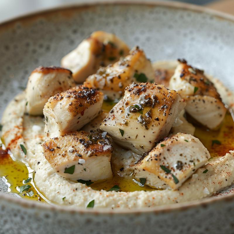 Close-up of a Mediterranean chicken bowl with hummus on a light grey plate.