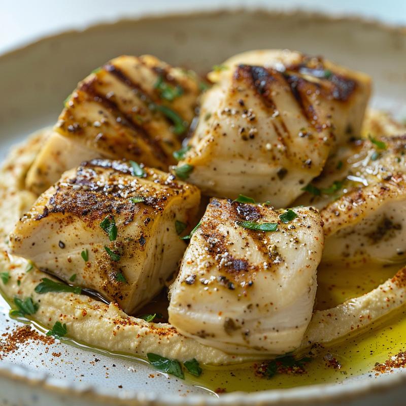Close-up of a Mediterranean chicken bowl featuring cubed chicken and hummus on a light grey plate.