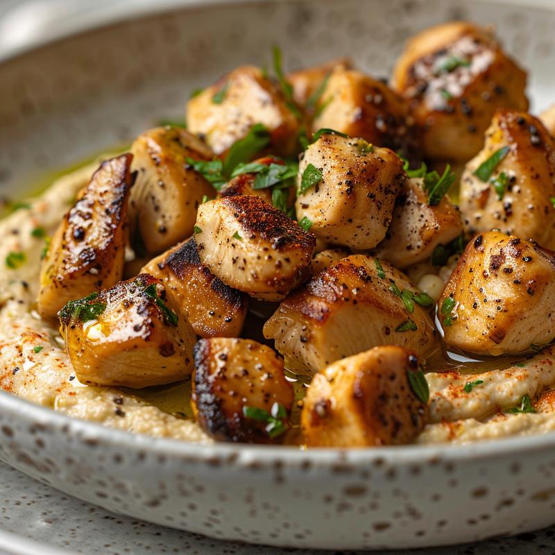 Close up of a Mediterranean chicken bowl with hummus on a light grey plate.