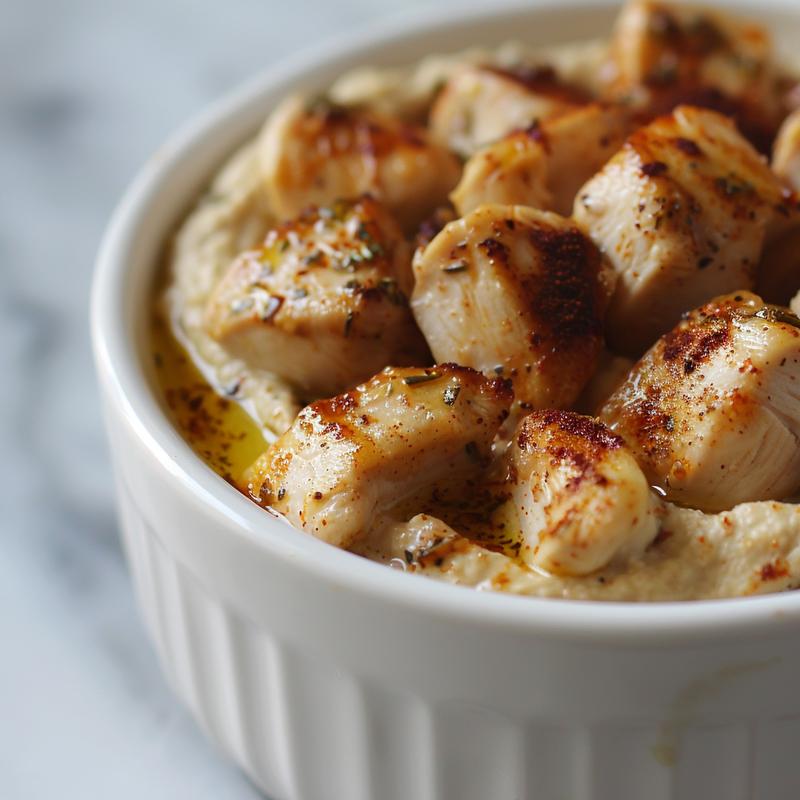 Close-up of a Mediterranean chicken bowl with hummus on white marble.