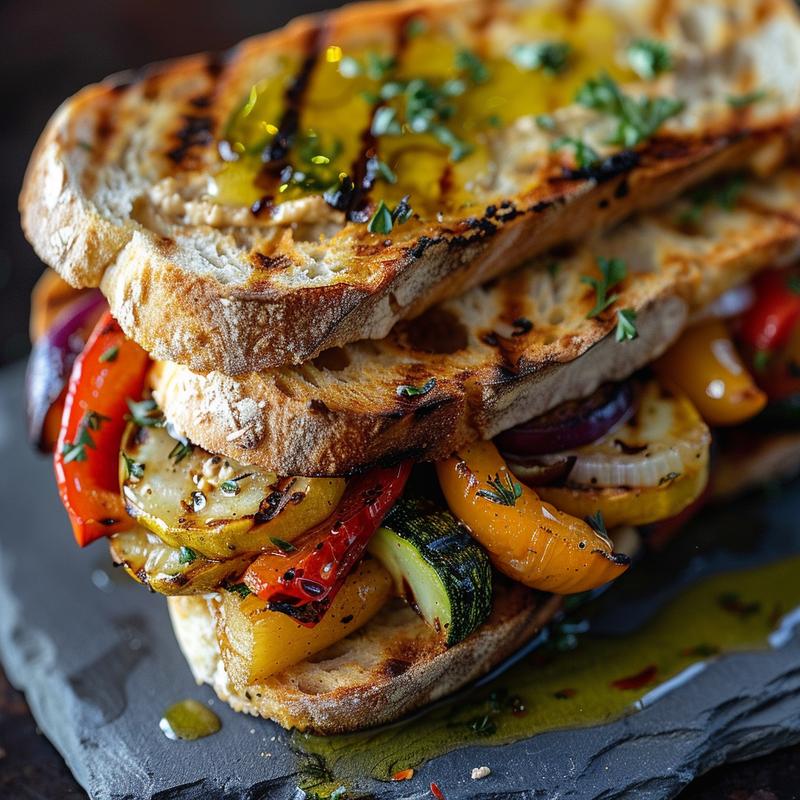 Close-up of a grilled vegetable and hummus sandwich on a slate plate.