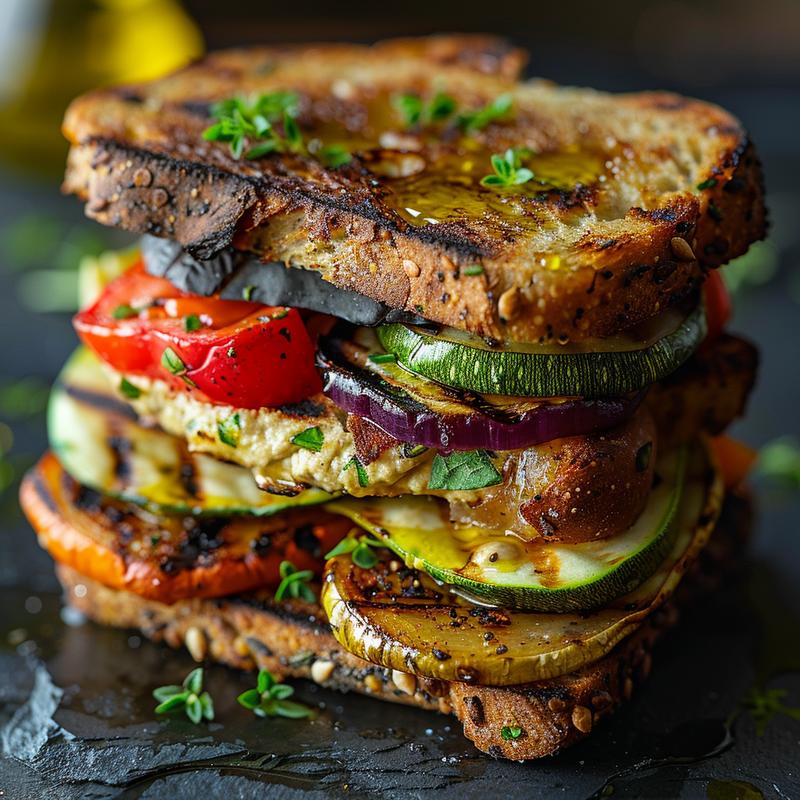 Close-up of a grilled vegetable and hummus sandwich with visible bread, vegetables, and hummus.
