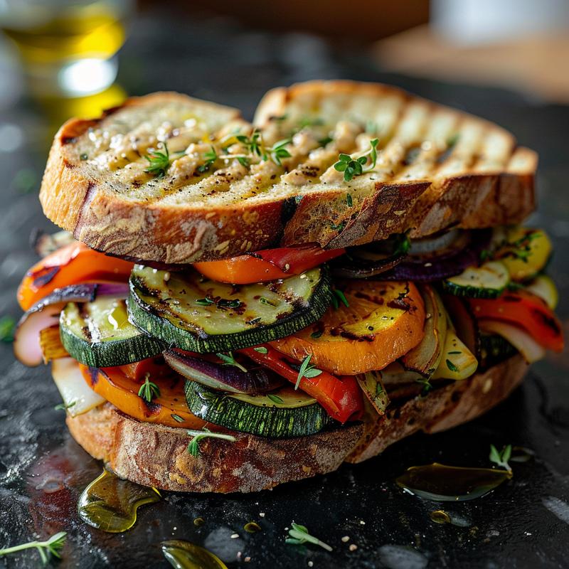 Close-up of a grilled vegetable and hummus sandwich on dark stone.