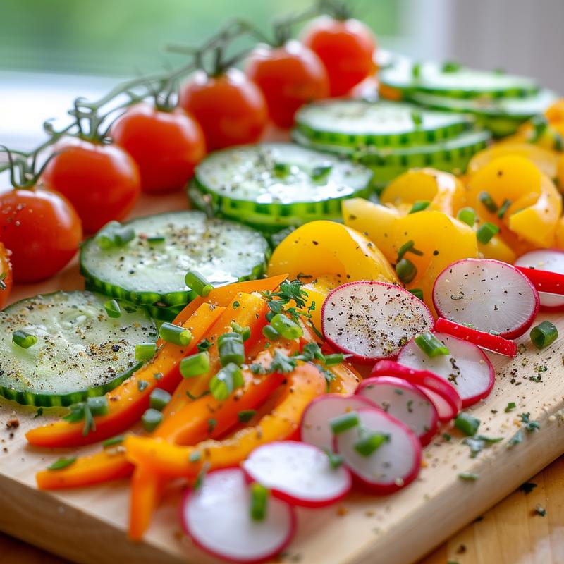 Close-up of fresh Mediterranean vegetables on a wooden board.