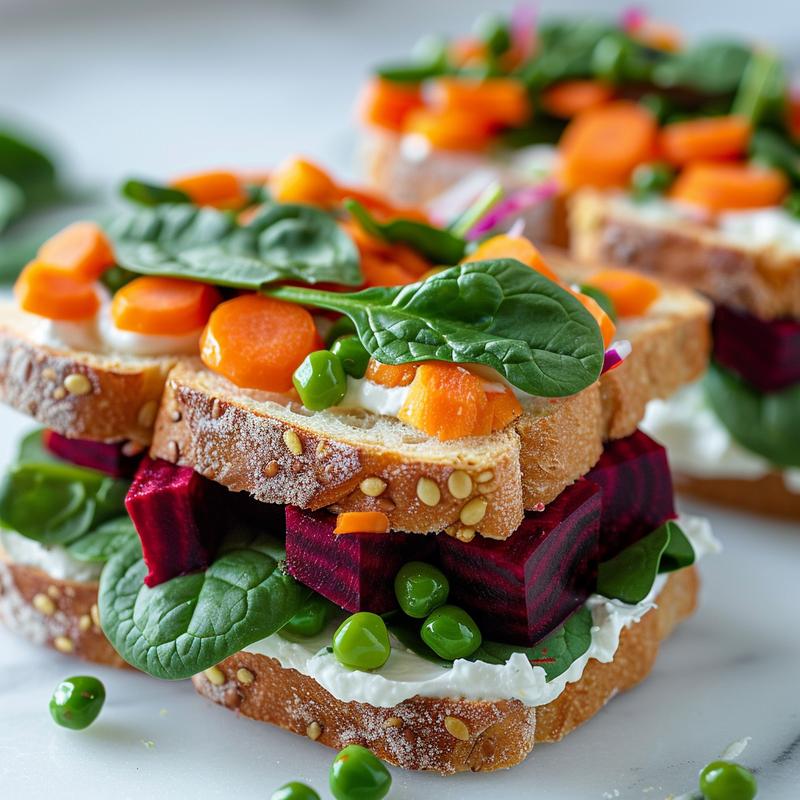 Colorful layered sandwiches filled with vegetables on white marble.