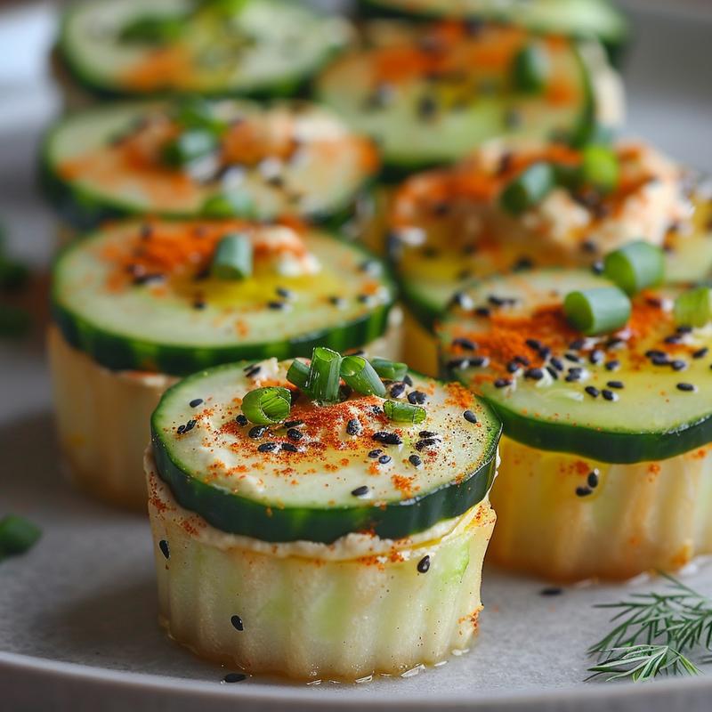 Close-up of cucumber rounds topped with hummus and seasoning.