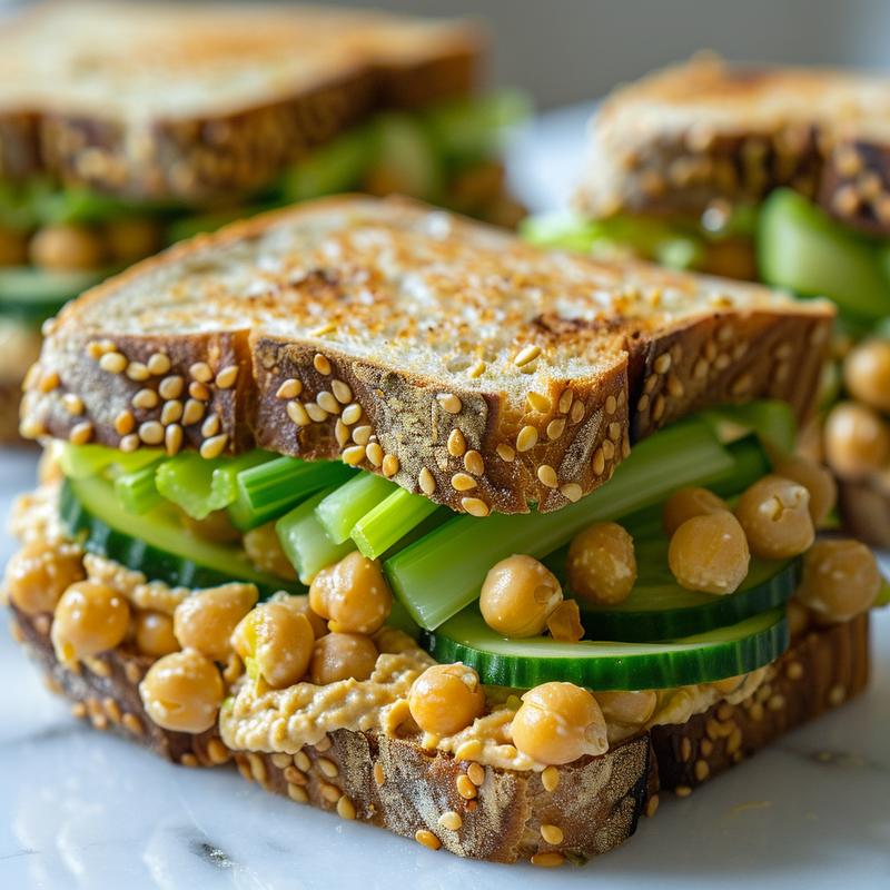 Close-up of a vegan chickpea hummus sandwich on sprouted bread with cucumber.
