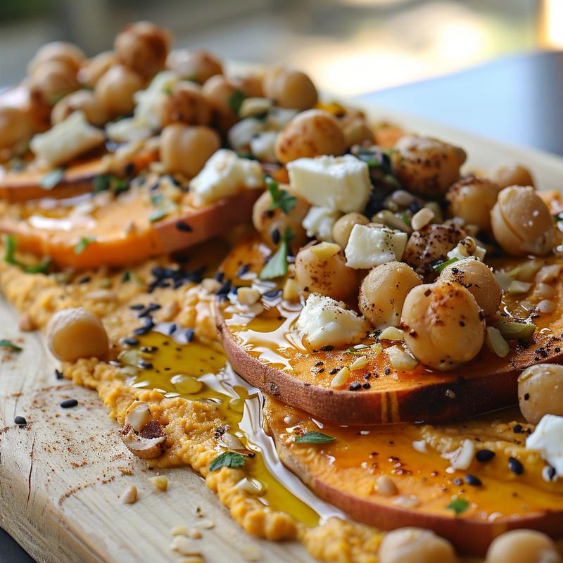 Close-up of vibrant sweet potato hummus with feta and nuts on wood.