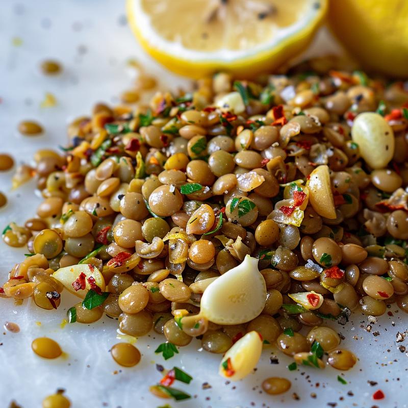 Close-up of Mediterranean lentil salad with visible lemon, garlic, and spices on white marble.