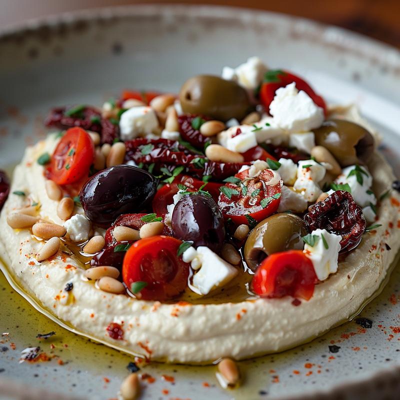 Close up of hummus dip with feta, olives, sundried tomatoes, and pine nuts.