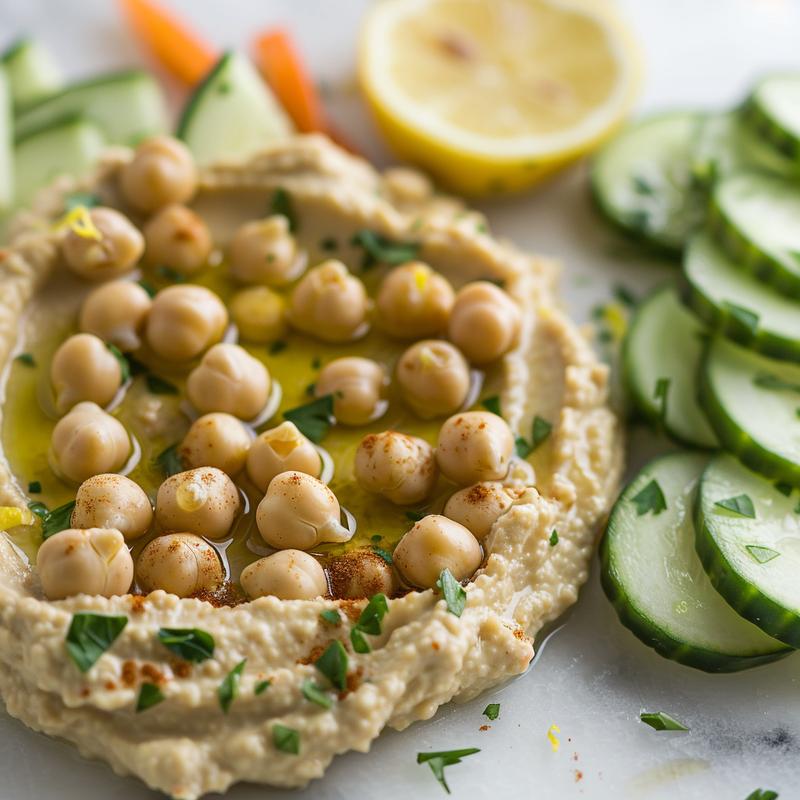 Close-up of zesty lemon hummus with vegetable sticks.