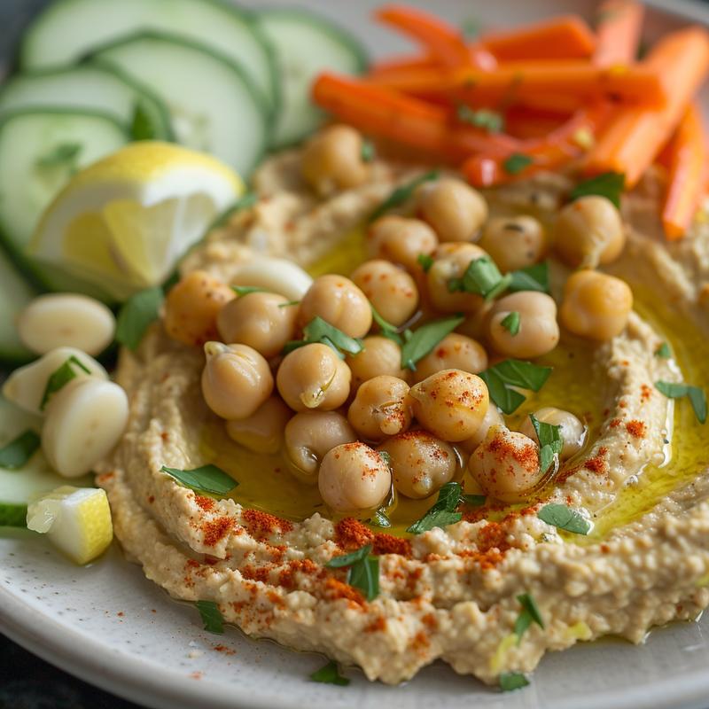 Close-up of lemon hummus with vegetable sticks on a gray plate.