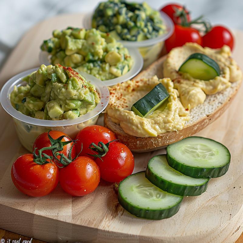 Close-up of a wooden dipper board with hummus, guacamole, spinach dip, tomatoes, and sliced cucumber.