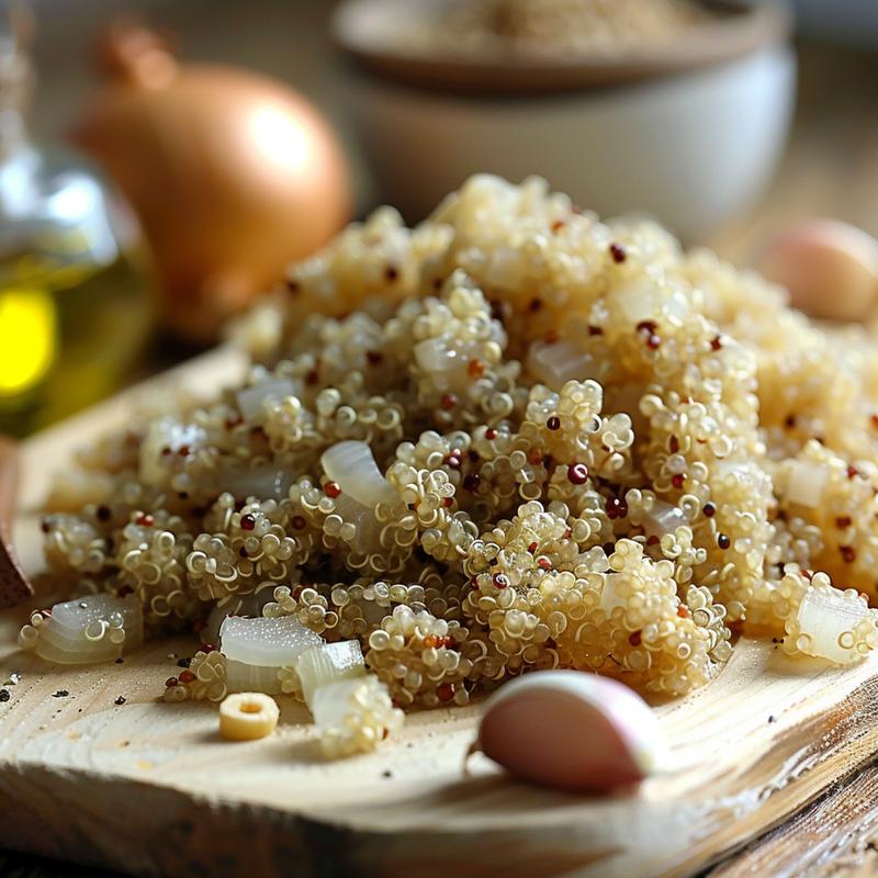 Close-up of vegan Moroccan bowl ingredients on a light wood board.