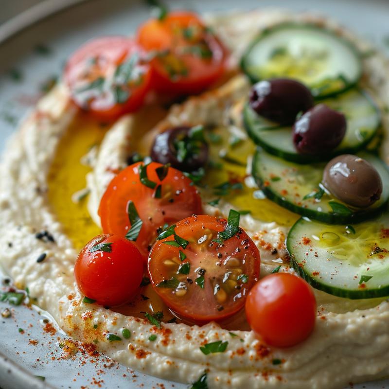 Close-up of Greek-style hummus topped with olives, tomatoes, cucumbers, and red onion on a light grey plate.