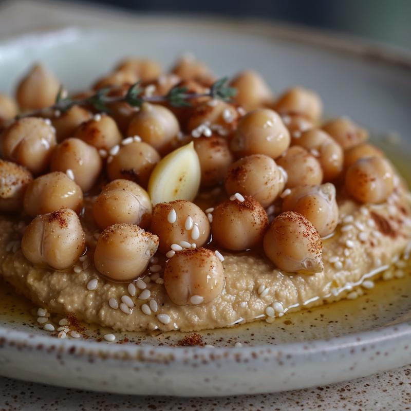 Close-up of hummus ingredients: chickpeas, garlic, tahini, olive oil, and water on a grey plate.