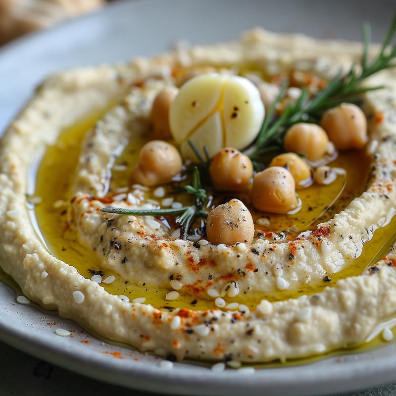 Close-up of creamy hummus with roasted garlic and rosemary on a grey plate.