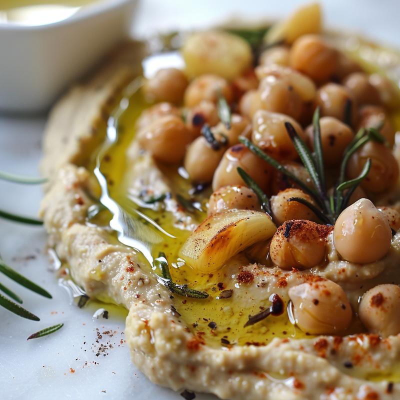 Close-up of creamy white dip with garlic and rosemary.