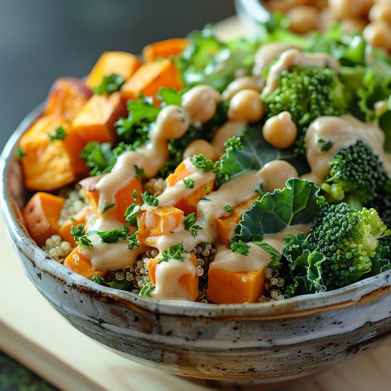Close-up of a vegan quinoa bowl with tahini dressing.