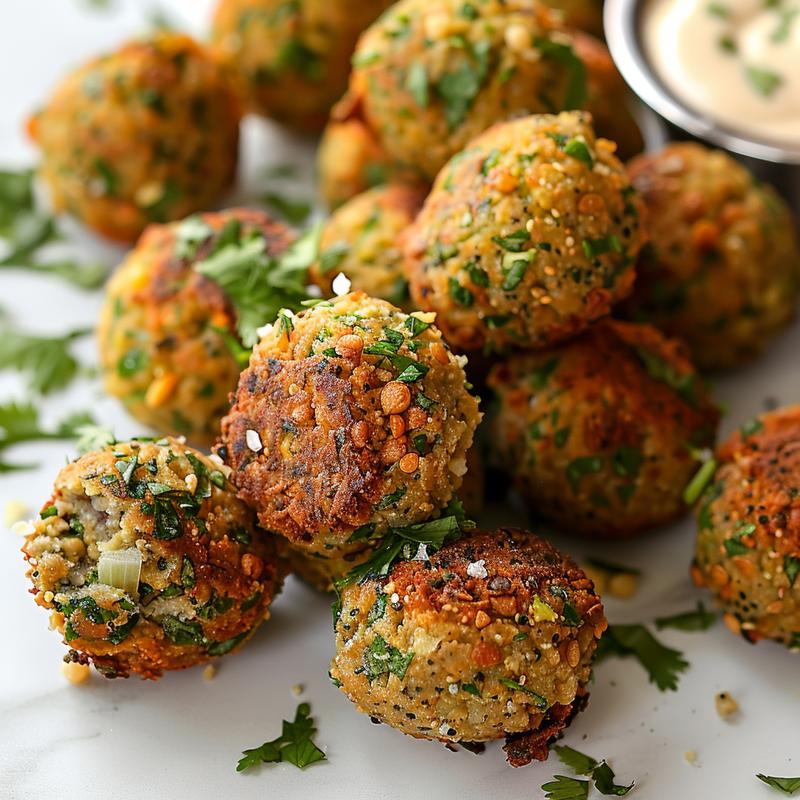 Close-up of falafel balls with tahini dip on marble.