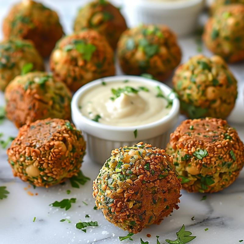 Close-up of falafel balls with tahini dip on white marble.