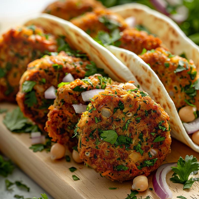 Close-up of a falafel wrap showing falafel, vegetables, and sauce.