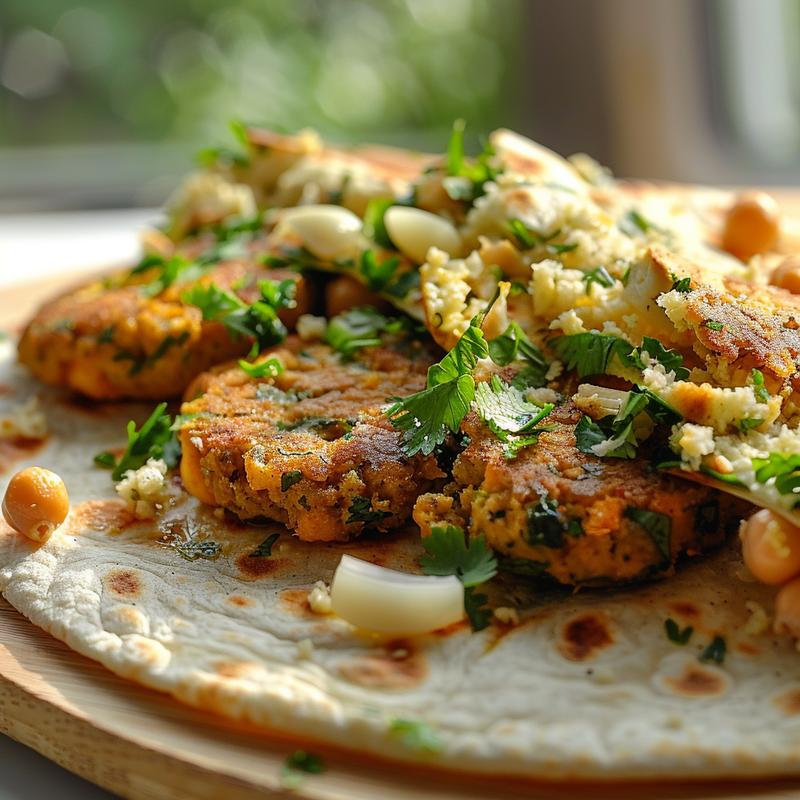 Close-up of falafel wrap ingredients: chickpeas, onion, garlic, parsley, cilantro on wood.