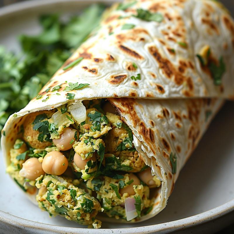 Close-up of a falafel wrap with visible ingredients.