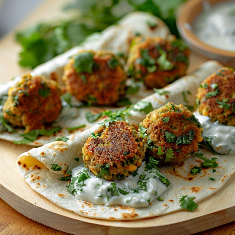 Close-up of a vegan falafel wrap with yogurt sauce on a light wood board.