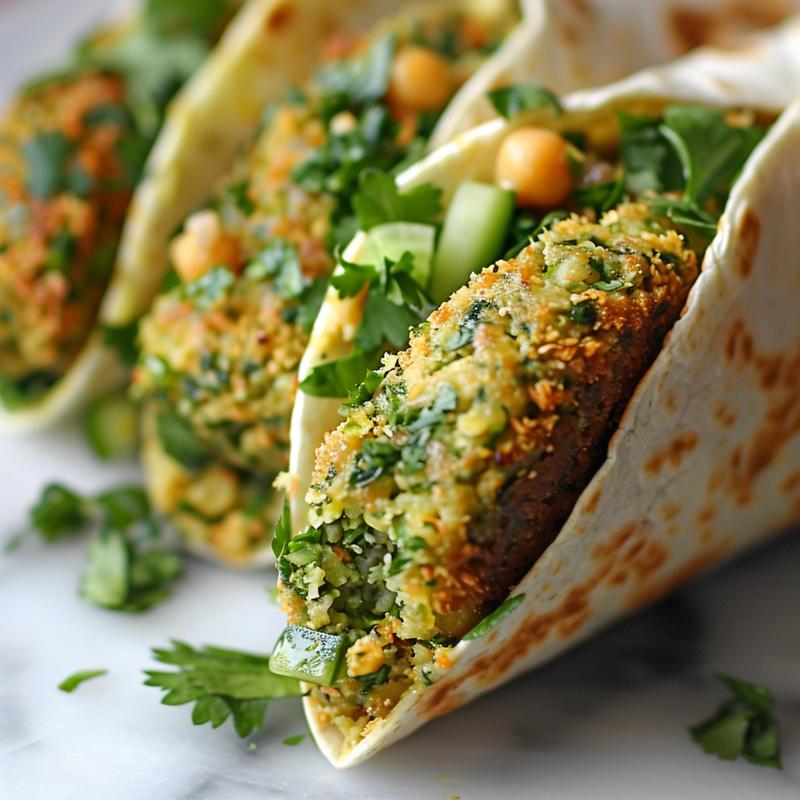 Close-up of a falafel wrap with visible chickpeas, parsley, and garlic.