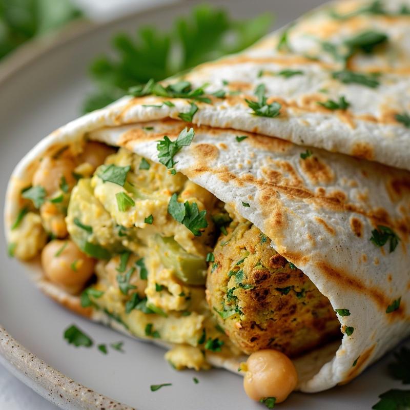 Close-up of a vegan falafel wrap on a light grey plate.