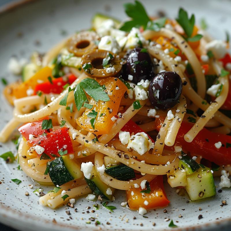 Close-up of Mediterranean pasta dish with vegetables, olives, and feta.