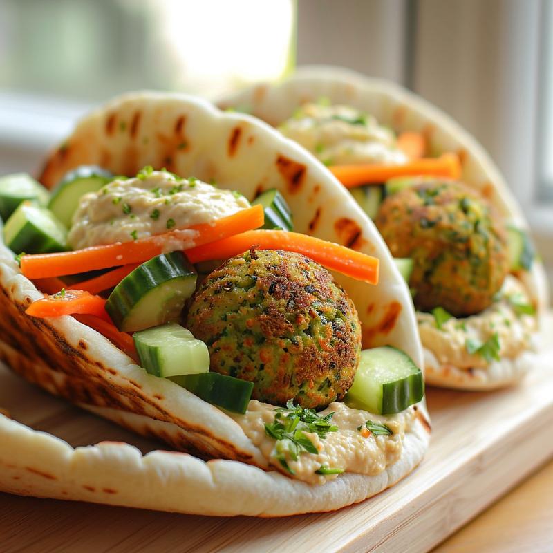 Close-up of a falafel sandwich with vegetables and tahini sauce on a wooden board.