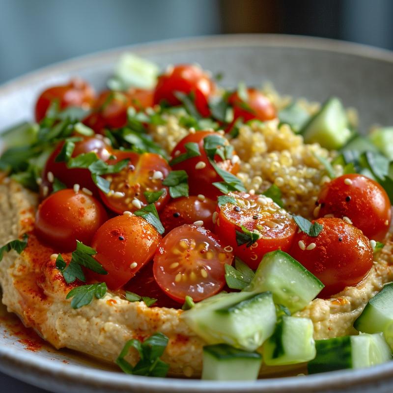 Close-up of a hummus bowl with quinoa, diced vegetables on a grey plate.