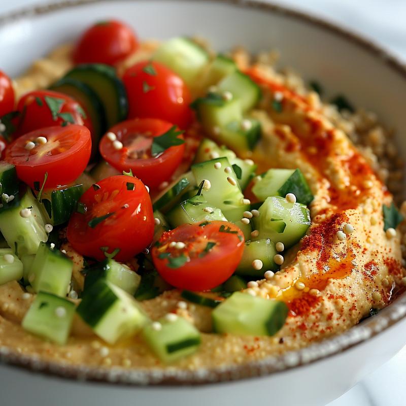 Close-up of a vibrant hummus bowl with visible grains, diced vegetables on a white marble surface.