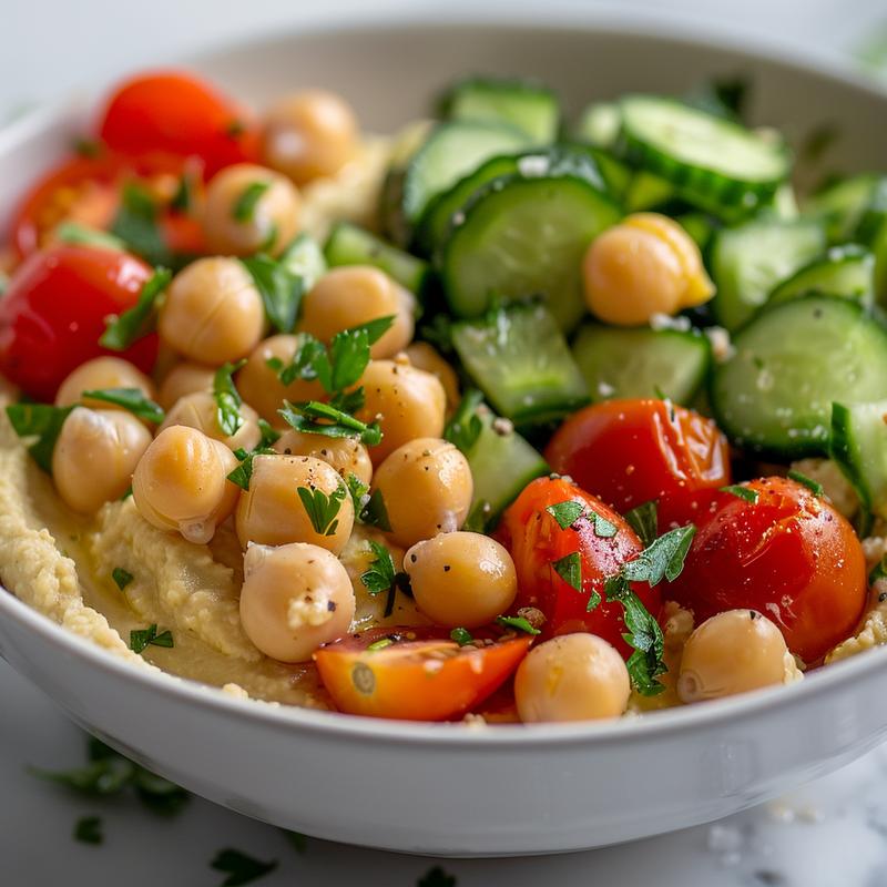 Close-up of a hummus bowl with chickpeas, tomatoes, cucumbers, and parsley.