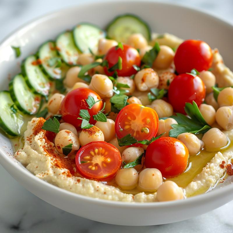 Close-up of a Mediterranean hummus bowl with chickpeas, tomatoes, cucumber, and parsley on a white marble surface.