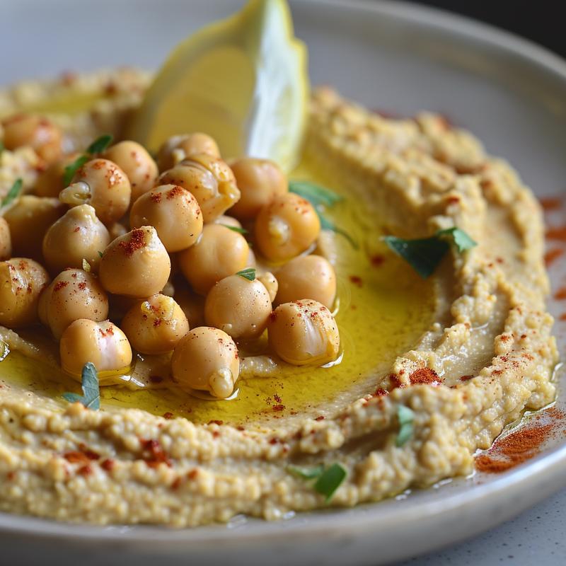 Close-up of vibrant, textured hummus on a light grey plate.
