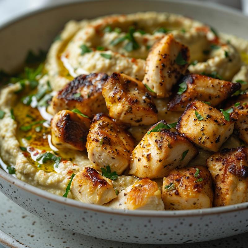 Close-up of a Mediterranean chicken bowl with hummus on a light grey plate.