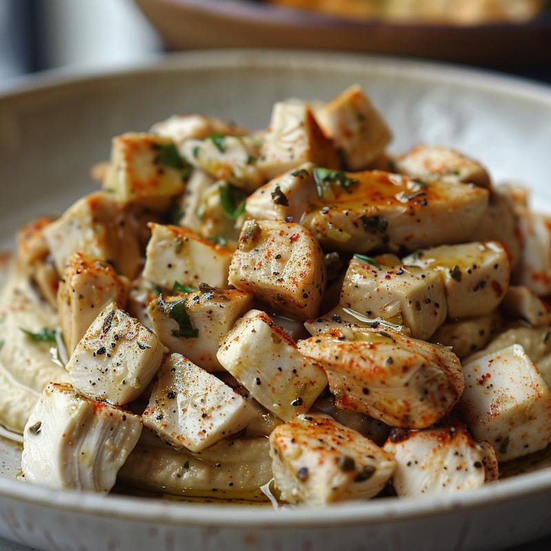 Close-up of a Mediterranean chicken bowl featuring cubed chicken and hummus on a light grey plate.