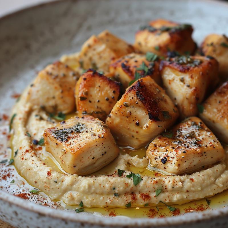 Close up of a Mediterranean chicken bowl with hummus on a light grey plate.
