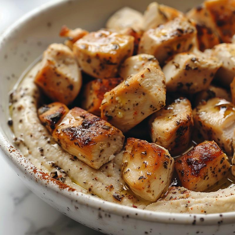 Close-up of a Mediterranean chicken bowl with hummus on white marble.