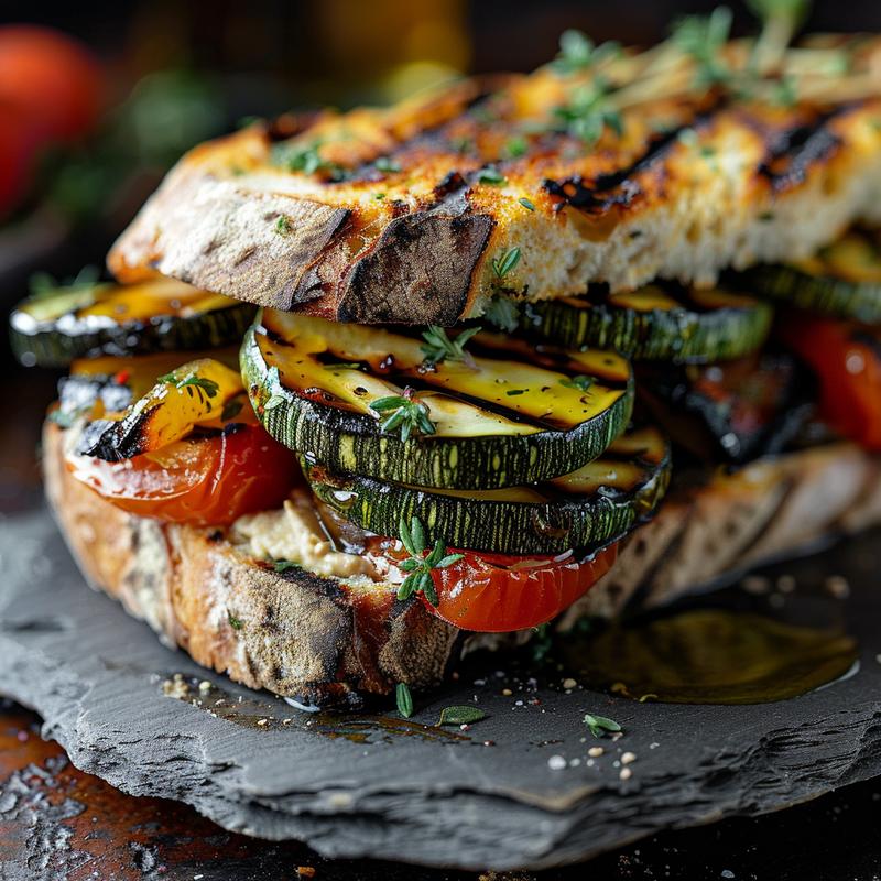 Close-up of a grilled vegetable and hummus sandwich on a slate plate.